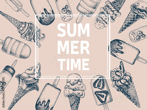 Hand drawn sketch illustration ice cream. Card menu sweets.