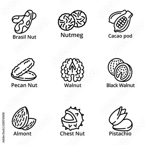 Nuts food icon set. Outline set of 9 nuts food vector icons for web design isolated on white background