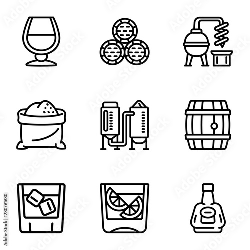Whiskey icon set. Outline set of 9 whiskey vector icons for web design isolated on white background