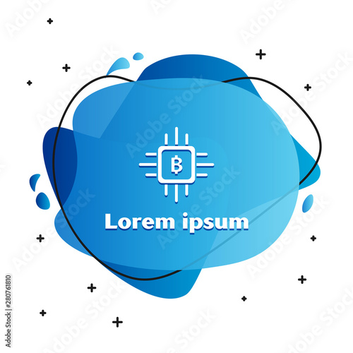 White CPU mining farm icon isolated on white background. Bitcoin sign inside processor. Cryptocurrency mining community. Digital money. Abstract banner with liquid shapes. Vector Illustration