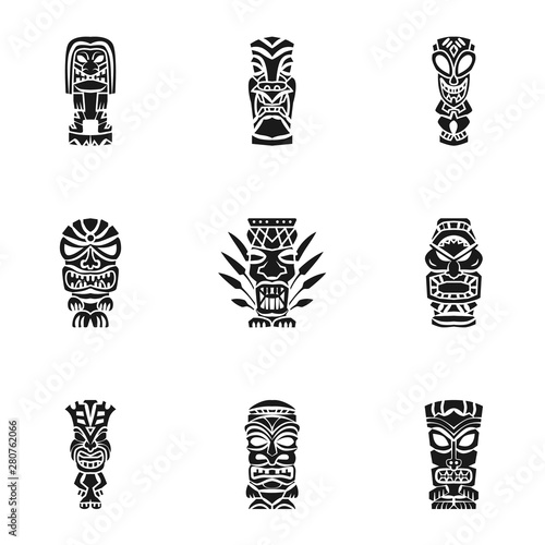 Tiki aztec idol icon set. Simple set of 9 tiki aztec idol vector icons for web design isolated on white background