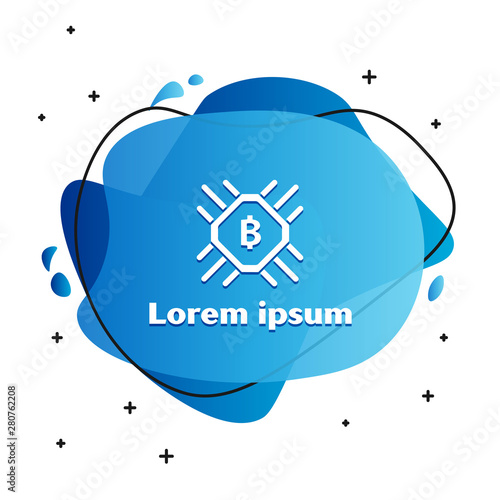 White CPU mining farm icon isolated on white background. Bitcoin sign inside processor. Cryptocurrency mining community. Digital money. Abstract banner with liquid shapes. Vector Illustration