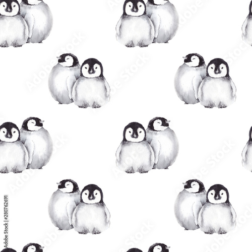 Seamless pattern with cute baby penguins. Watercolor isolated on white background. photo