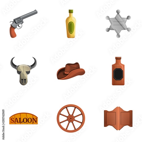 Western saloon icon set. Cartoon set of 9 western saloon vector icons for web design isolated on white background