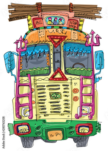 A cute vintage indian brightly decorated truck. Cartoon. Caricature.