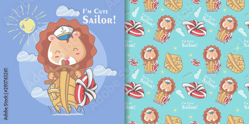 hand drawn cute sailor lion seamless pattern and illustration card