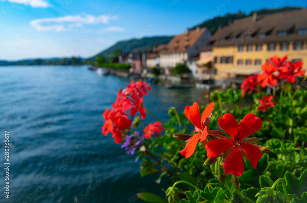Schweizer Ort Am Bodensee 5 Buchstaben Rote Blumen auf einer Brücke im Schweizer Ort Stein am Rhein. Hier