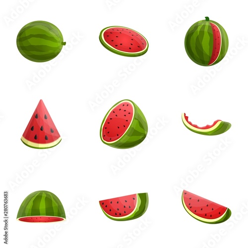 Watermelon icon set. Cartoon set of 9 watermelon vector icons for web design isolated on white background