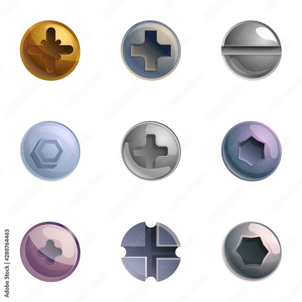 Bolt head icon set. Cartoon set of 9 bolt head vector icons for web design isolated on white background Bolt head icon set. Cartoon set of 9 bolt head vector icons for web design isolated on white background