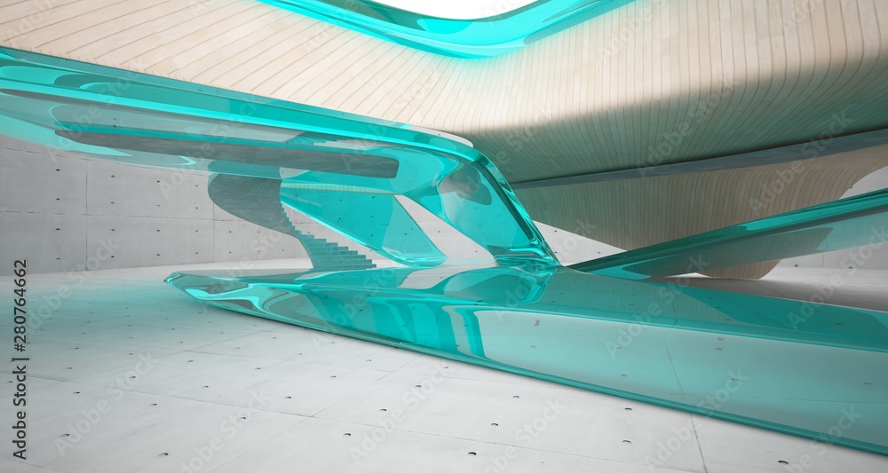 Naklejka premium Abstract architectural wood and glass smooth interior of a minimalist house. 3D illustration and rendering.