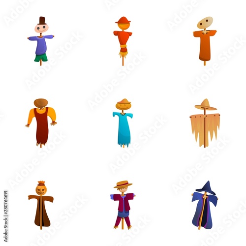 Scarecrow icon set. Cartoon set of 9 scarecrow vector icons for web design isolated on white background