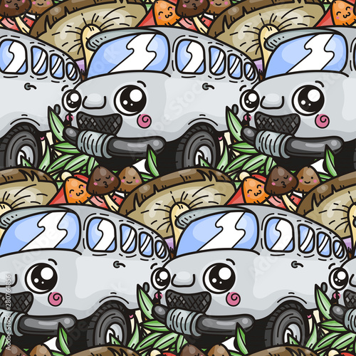 Fashion forest seamless pattern template for clothes, textiles, t-shirt design. Mushrooms and travel bus, autumn