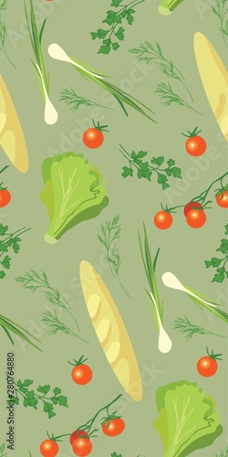 Vegetables and green in an environmentally friendly package. Products in craft package. Useful purchases. Baguette, green onions and tomatoes.Vegetables in craft package. 