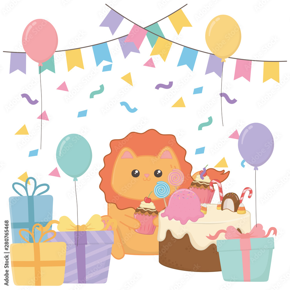 Kawaii lion with happy birthday cake design Kawaii lion with happy birthday cake design