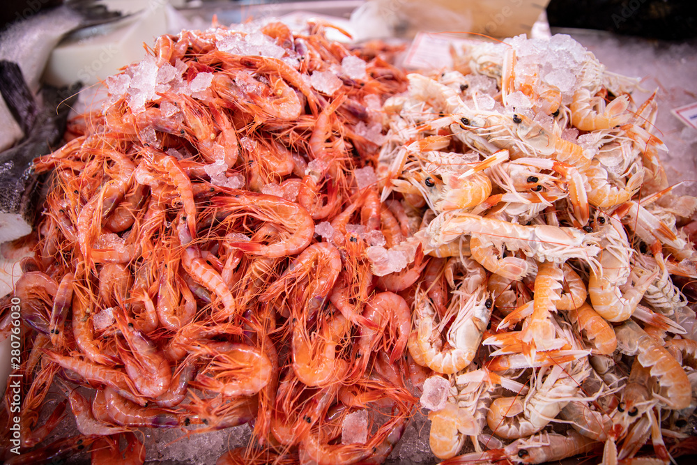 Variation of seafood - shrimps and prawns raw and uncooked on the market