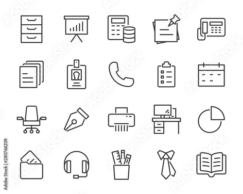 set of office icons, paper, document, laptop, computer, workplace, desk