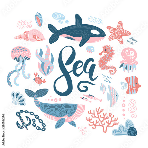 Set of Sea animals composition . Vector cartoon underwater creatures collection: jellyfish, starfish, ocean, sea horse, shell, fish, whale. Set of silhouettes in the minimal hand drawn child style