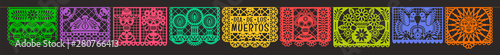 Day of the Dead. Dia de los muetros. Papel Picado. Vector horizontal banner with traditional Mexican paper cutting flags. Isolated on black background