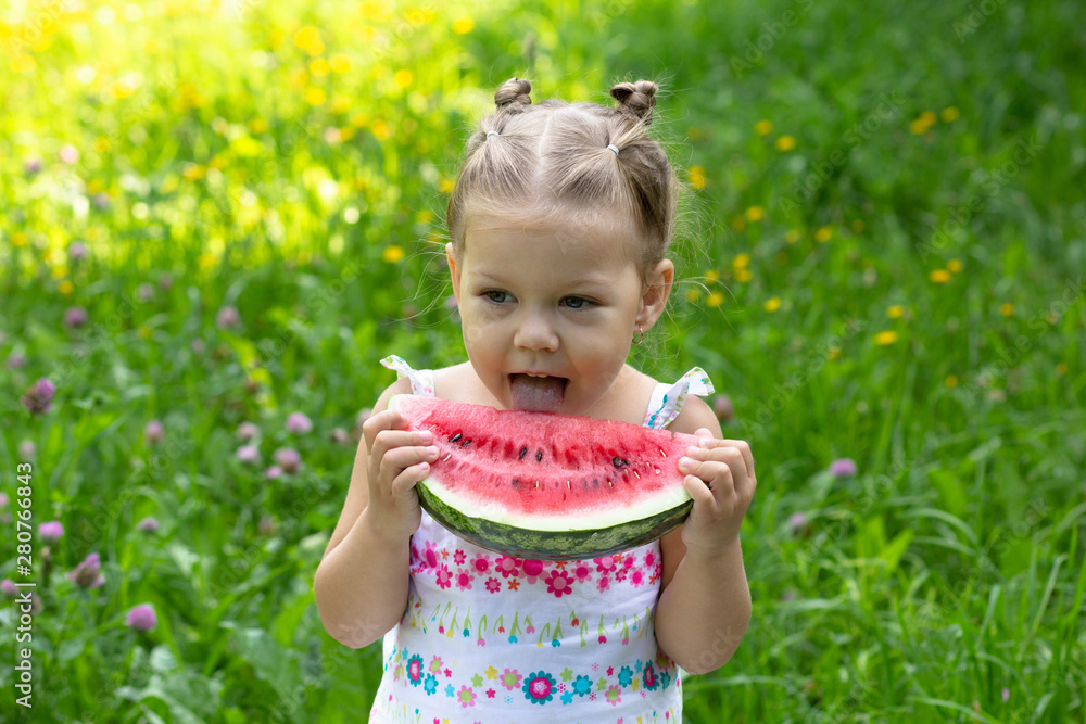 Happy little girl eating water melon in the summer park Happy little girl eating water melon in the summer park