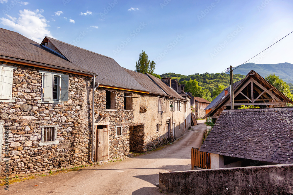 Stone house in the village Audressein in the department of Ariège, in the Pyrenees, Occitanie region, France