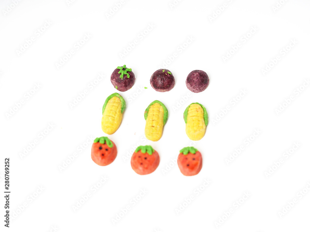 Colorful and attractive fruit shape biscuit or snack, corn, mangosteen, strawberry