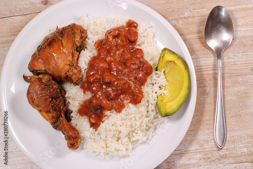 Dominican food, rice, haqbichuela and meat