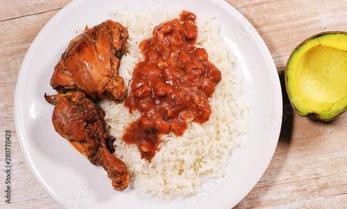 Dominican food, rice, haqbichuela and meat