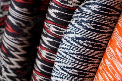 Rolls of hand woven T'nalak cloth, made from organic Abaca plant fibers. Plant based textile. Animal free product. Selective focus. 