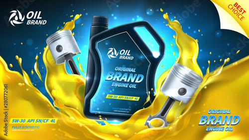 Engine oil advertisement horizontal banner. Vector illustration with realistic pistons and canister on bright background with motor oil splashes. 3d ads template.
