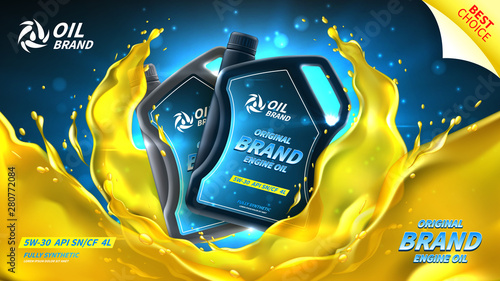 Engine oil advertisement web banner. Vector illustration with realistic canisters on bright background with motor oil splashes. 3d ads template.