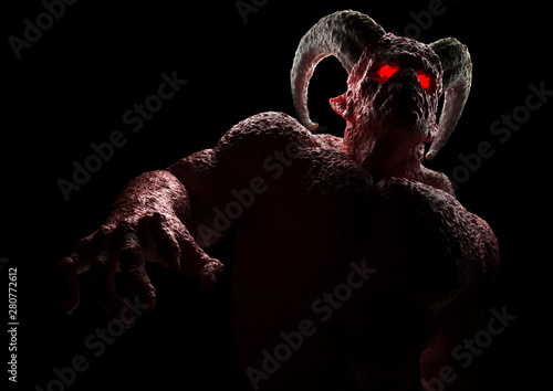 Valokuva Powerful demon, devil, imp, monster with twisted horns, luminous eyes, muscle hillocks and scary skin