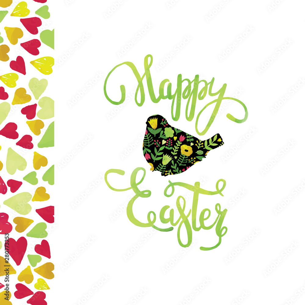 Happy easter card template with birds flowers silhouette and lettering