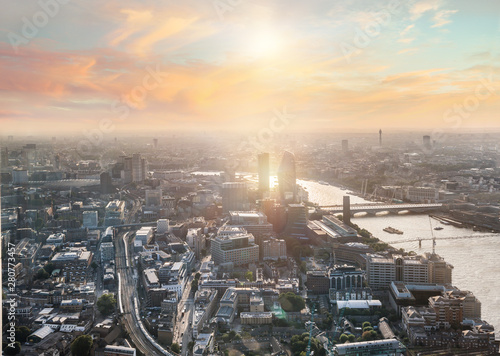 London  UK.  City of London at sunset. Aerial view include London skyscrapers and river Thames 