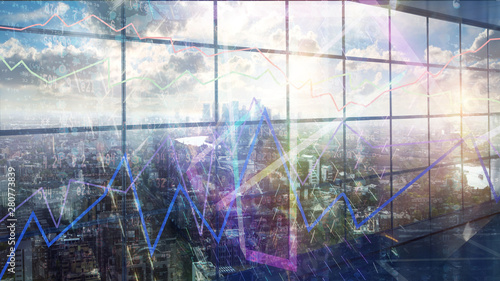 Glass screen and neon graphs, falling digits and diagrams. City of London at the background. Business concept, economy and finance 