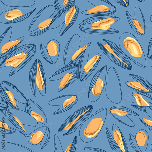 Mussels Sketch Design Seamless Line Pattern on Blue