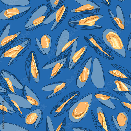 Mussels Detailed Design Seamless Line Pattern on Blue
