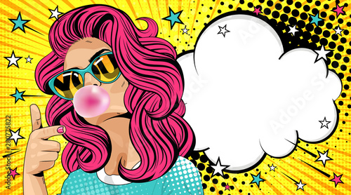 You. Gesture of the female hand. Sunglasses,  where the word `you` is reflected. Sexy surprised girl with red and curly hair. Open mouth with pink chewing gum. Vector colorful background illustration 