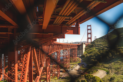 Unusual different view of the beautiful famous Golden Gate Bridge in San Francisco, California