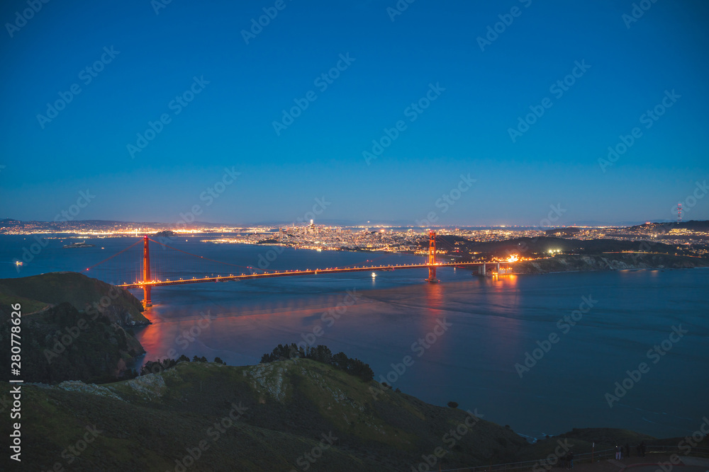 View of the beautiful famous Golden Gate Bridge in San Francisco, California in the evening