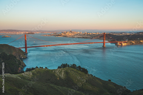 View of the beautiful famous Golden Gate Bridge in San Francisco, California at sunset