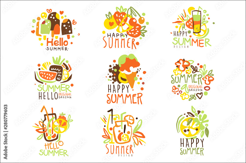 Fototapeta Happy Summer Vacation Sunny Colorful Graphic Design Template Logo Series, Hand Drawn Vector Stencils