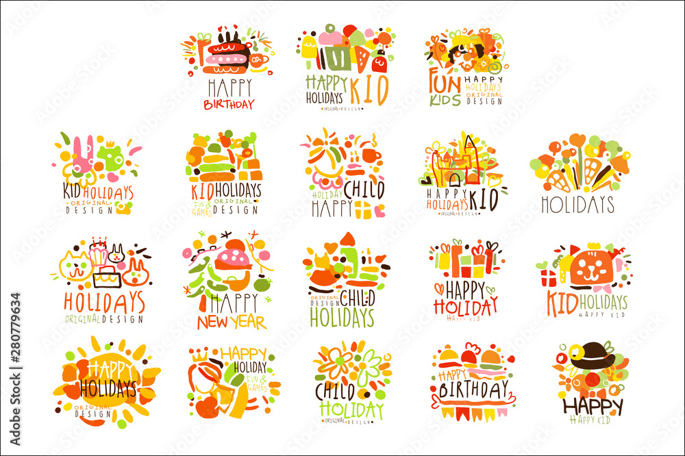 Happy Kid Holiday Colorful Graphic Design Template Logo Series,Hand Drawn Vector Stencils