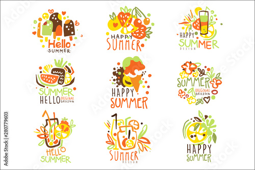 Happy Summer Vacation Sunny Colorful Graphic Design Template Logo Series, Hand Drawn Vector Stencils