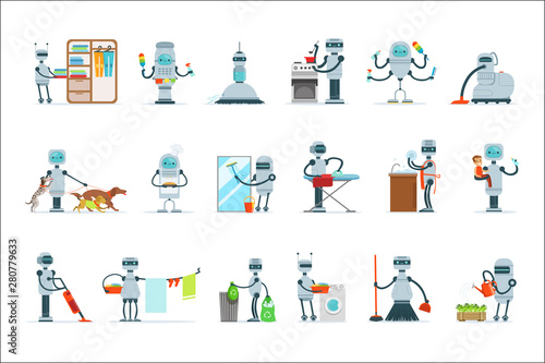 Housekeeping Household Robot Doing Home Cleanup And Other Duties Set Of Futuristic Illustration With Servant Android