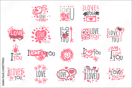 Romantic I Love You Message For St Valentines Day Postcard, Colorful Graphic Design Template Logo Set, Hand Drawn Vector Stencils