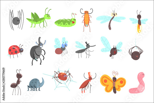 Cute Friendly Insects Set With Cartoon Bugs, Beetles, Flies, Spiders And Other Small Animals © topvectors