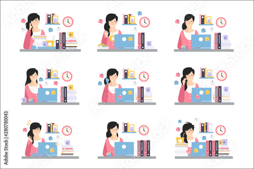 Female Office Worker Daily Work Scenes With Different Emotions, Set Of Illustrations Of Busy Day At The Office
