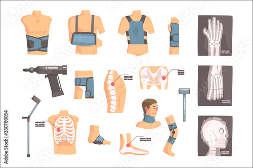 Orthopedic Surgery And Orthopaedics Attributes And Tools Set Of Cartoon Icons With Bandages, X-rays And Other Medical Objects.