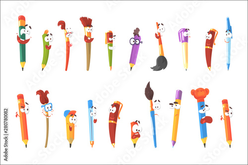 Smiling Pen, Pencils And Brushes, Set Of Animated Stationary Cartoon Characters Isolated Colorful Stickers