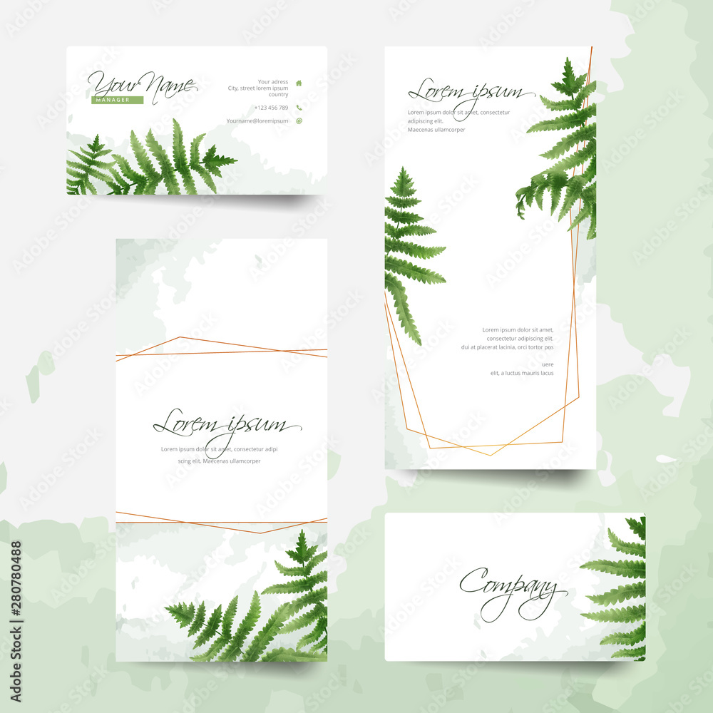 Set of Watercolor fern business card and banner, frame, wreath, cover template layout